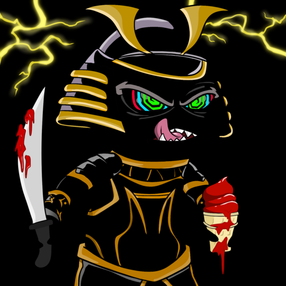 Samurai tick with a bloody sword in one hand and a bloody ice cream cone in the other on a black background